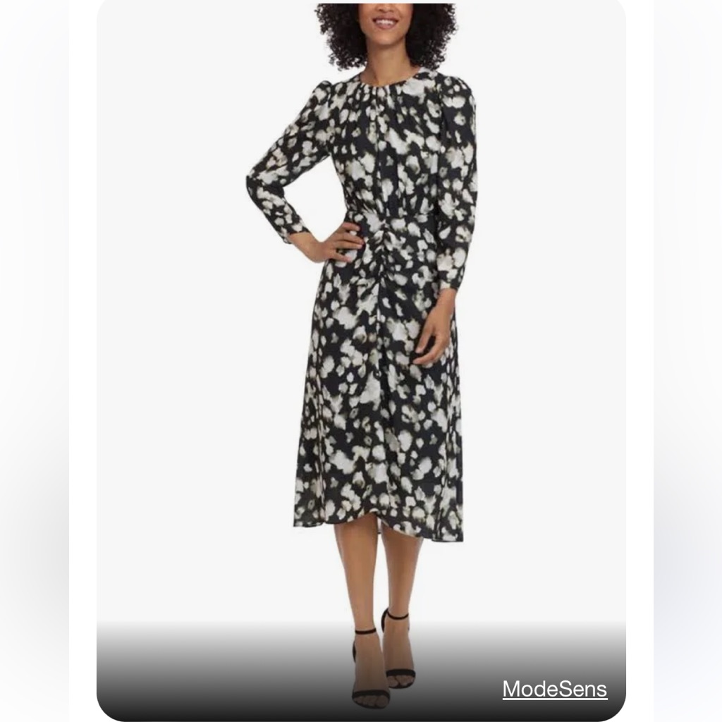 Maggy London Womens Printed Ruched Midi Dress Black